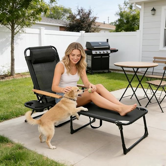Folding Chaise Lounge Chair Outdoor, Folding Sun Lounger with 4-Position Reclining Back, Foldable Tanning Chair with Adjustable Headrest, Beach Lounge Chair for Poolside Backyard Camping (Black)