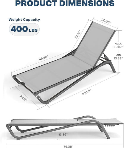 Adjustable Patio Chaise Lounge Chair, Outdoor Pool Lounger for Sunbathing & Tanning, All-Weather Textilene Sun Bed for Beach, Porch & Deck, Rust-Proof Aluminum Frame, Light Grey
