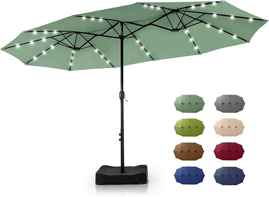 GREEN PARTY 15 ft Rectangle Patio Umbrella with Solar Lights and Base Included, Double-Sided Market Table Umbrella with Crank, Large Outdoor Umbrellas for Patio Poolside Garden Backyard, Mint Green