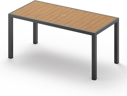 67" HDPS Outdoor Patio Dining Table, Aluminum-Edged Outdoor Dining Table with Umbrella Hole, Weather-Resistant for Lawn, Garden, Poolside and Indoor Use, Gray&Teak