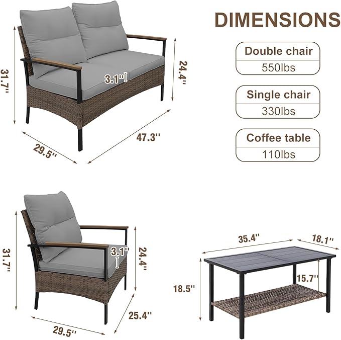 Sunset Escape Wicker Outdoor Furniture, Modern Sofa and Chair Set of 4, Rattan Patio Conversation Set, 2 Patio Chairs, Loveseat and Coffee Table, Brown/Gray