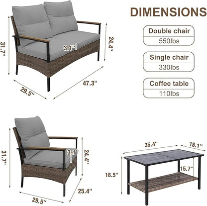 Sunset Escape Wicker Outdoor Furniture, Modern Sofa and Chair Set of 4, Rattan Patio Conversation Set, 2 Patio Chairs, Loveseat and Coffee Table, Brown/Gray