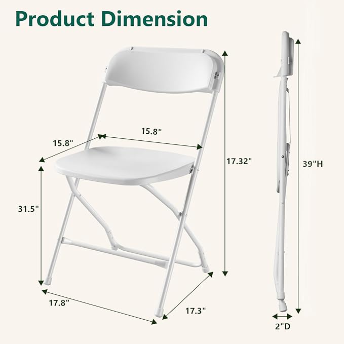 10 Pack White Plastic Folding Chairs, Outdoor Portable Folding Chair with Steel Frame, 350lbs Capacity Stackable Foldable Chairs for Patio, Garden, Picnic, Kitchen, Events