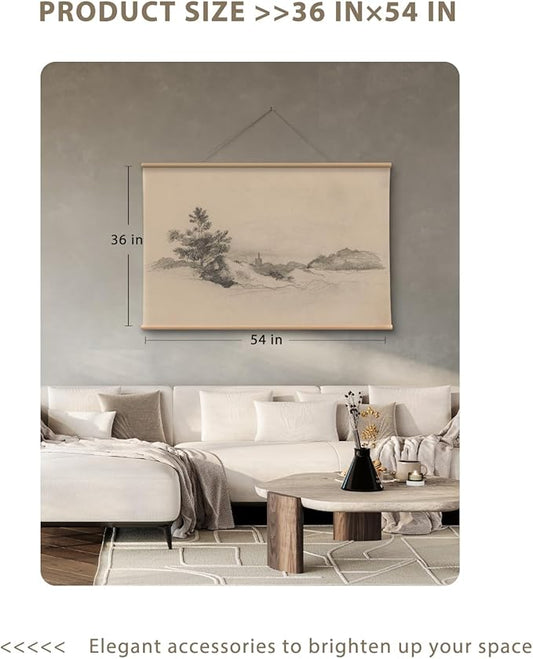 VIYYIEA Extra Large Canvas Wall Art, 36x54 Inch Vintage Pine Tree Landscape Hanging Scroll, Black and White Neutral Wall Decor for Living Room, Bedroom, Office