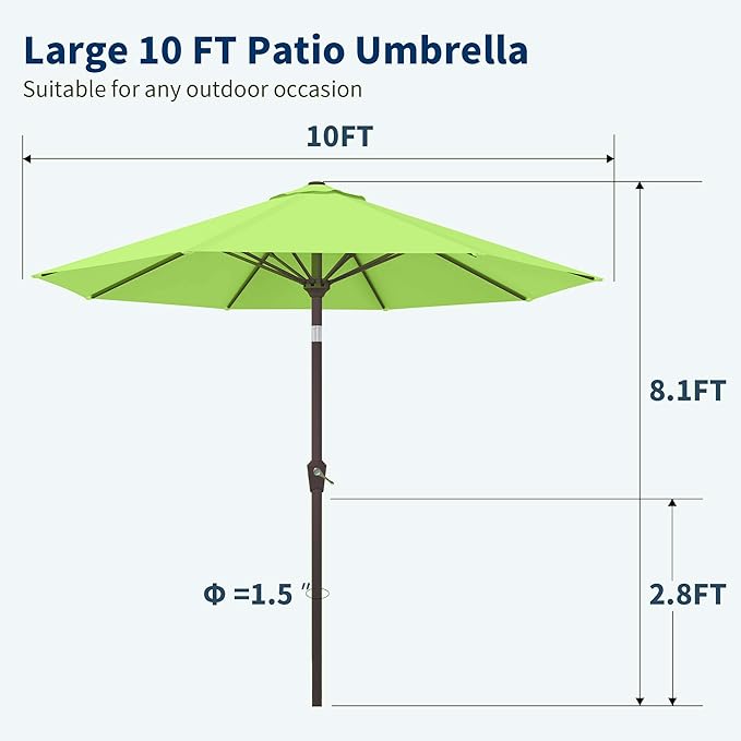 PatioKingdom 10FT Patio Umbrella with Push Button Tilt and Crank, Outdoor Market Umbrella with 8 Fiberglass Ribs, UV Protection Table Umbrella for Pool,Backyard,Garden,Deck(Apple Green, 10FT)