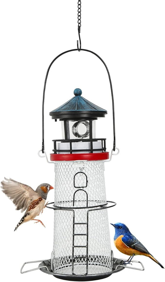 Solar Bird Feeder Lighthouse Hanging Outdoor Birdfeeder Garden Lantern Waterproof LED Lights Backyard Décor Patio Gifts for Bird Lovers (A-Lighthouse, White)