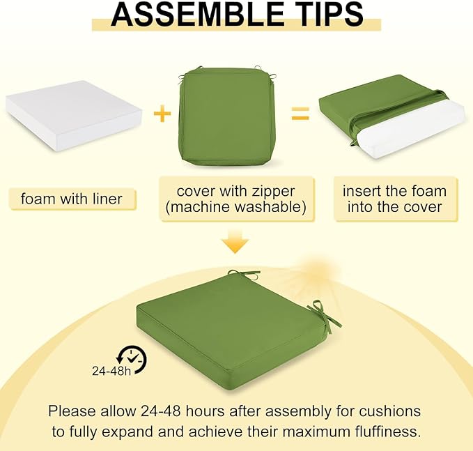 downluxe Waterproof Outdoor Chair Cushions Set of 4, 19" x 19" x 3" Patio Chair Cushion with Non-Slip Ties & Handle, Square Outdoor Cushion for Patio Furniture with Removable Cover, Grass Green
