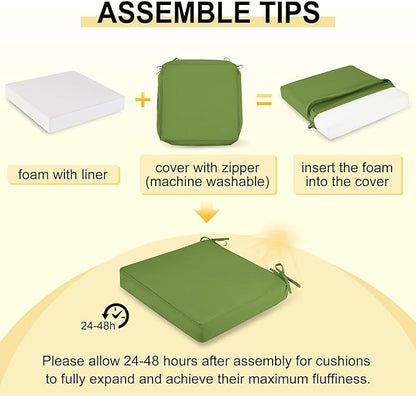 downluxe Waterproof Outdoor Chair Cushions Set of 4, 19" x 19" x 3" Patio Chair Cushion with Non-Slip Ties & Handle, Square Outdoor Cushion for Patio Furniture with Removable Cover, Grass Green