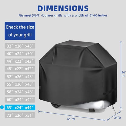 BBQ Gas Grill Cover for Outdoor, Anti-UV, Rip-Proof, 600D Oxford Fade Resistant Material, Barbecue Cover with Hook and Loop Straps & Adjustable Hem Drawstring (Black, 65”x24”x44”)