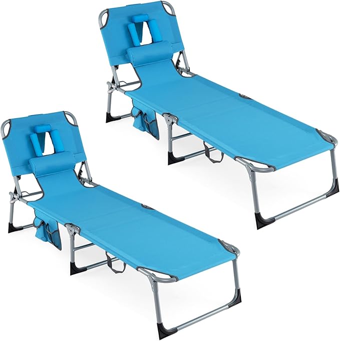 COSTWAY Tanning Chair with Face Hole, Folding Beach Lounge Chair with 4-Position Adjustable Backrest, Pillow & Side Pocket, Foldable Chaise Lounge Chair Outdoor for Sunbathing, Camping (2, Blue)
