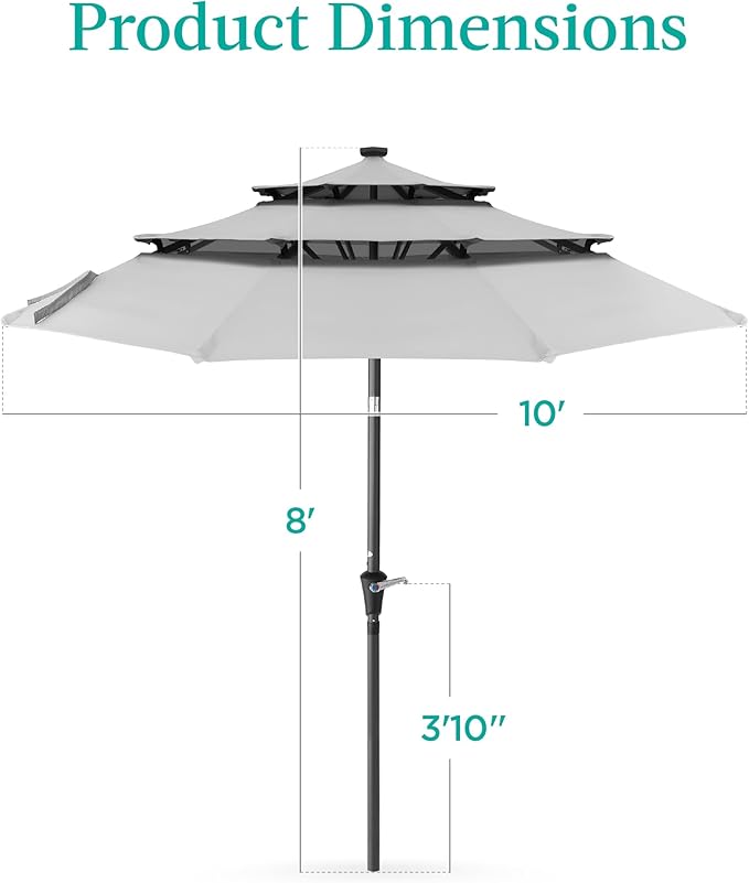 Best Choice Products 10ft 3-Tier Solar Patio Umbrella, Outdoor Market Sun Shade for Backyard, Deck, Poolside w/ 24 LED Lights, Tilt Adjustment, Easy Crank, 8 Ribs - Fog Gray