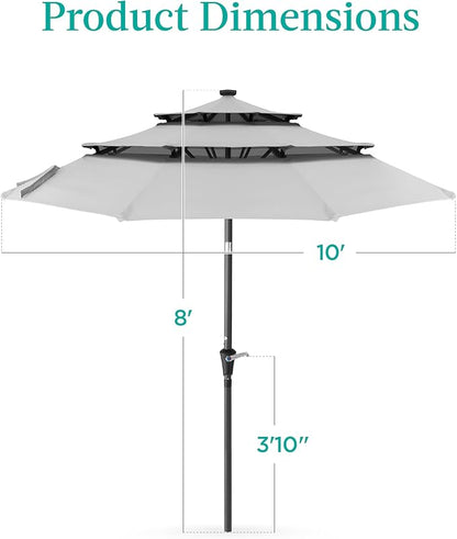 Best Choice Products 10ft 3-Tier Solar Patio Umbrella, Outdoor Market Sun Shade for Backyard, Deck, Poolside w/ 24 LED Lights, Tilt Adjustment, Easy Crank, 8 Ribs - Fog Gray
