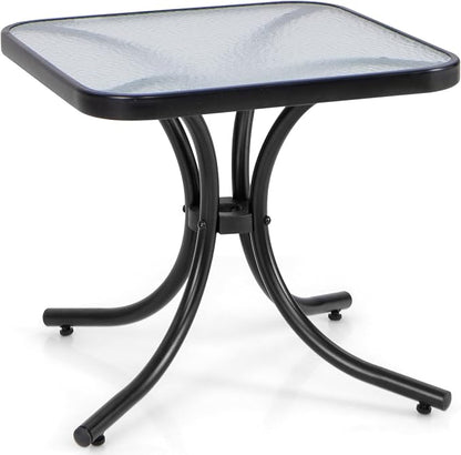 Giantex Small Outdoor Side Table with Tempered Glass Top, Heavy-Duty Metal Frame, 110 Lbs Capacity, Square Patio Table for Balcony, Porch, Backyard, Deck, Black