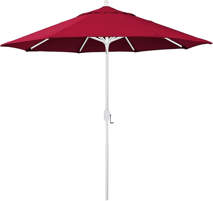 California Umbrella 5-Year-Non-Fading, 9Ft Premium Patio Umbrella, Hand-Crank, Button-Tilt, White Frame, Solution Dyed Red Fabric
