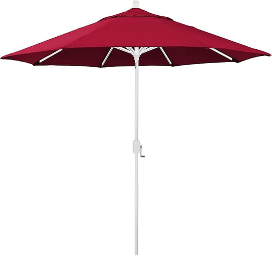 California Umbrella 5-Year-Non-Fading, 9Ft Premium Patio Umbrella, Hand-Crank, Button-Tilt, White Frame, Solution Dyed Red Fabric