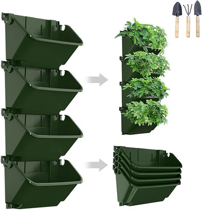 Vertical Wall Planter, 4 Packs Self Watering Wall Planters for Indoor with 3 Pcs Garden Tool Set Vertical Planter Tower for Strawberry Flowers Herbs, 12.9''x5.5'' x26.7''