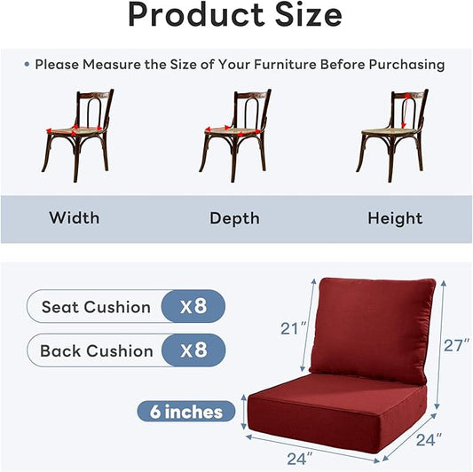 6" Thicker Outdoor Chair Cushion 8 Sets - 24" *24" *6" Waterproof Patio Furniture Cushions with Removable Cover, 28D High Density Sponge Filling Thicken Outdoor Patio Cushions - Red