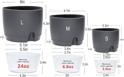 6/4.1/3.2 Inch Self Watering Planter Pots, 5 Pack African Violet Pots for Indoor Outdoor Windowsill Gardens, Self Aerating, High Drainage, Deep Reservoir(Gray)