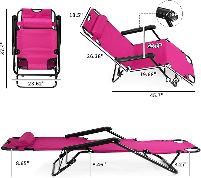 Outdoor Folding Chaise Lounge Chair, Patio Sun Lounger Reclining Beach Chair Sun Patio Pool Lawn Recliner Chair (Pink)