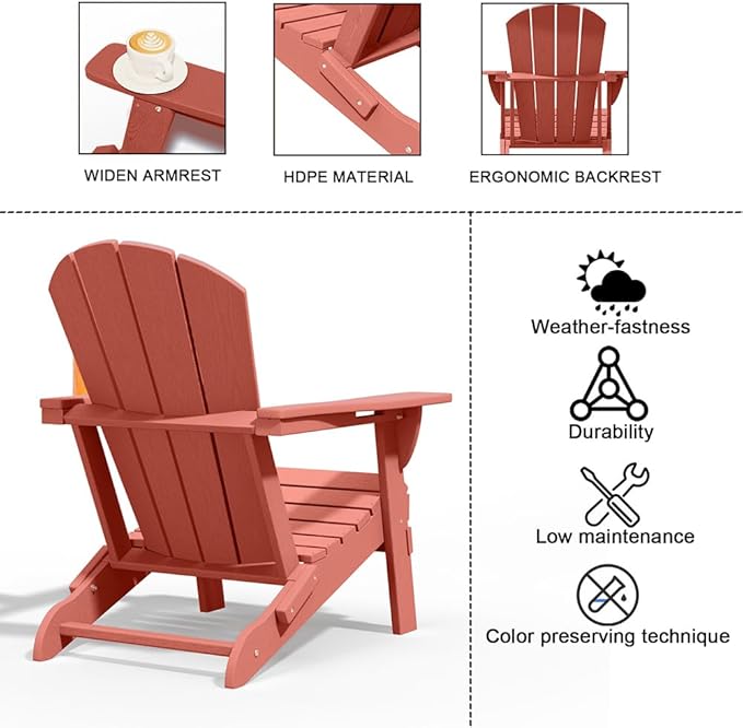Folding Adirondack Chair with Cup Holders Set of 2, HDPE Plastic Outdoor Chairs, Weather Resistant, Real Wood Look for Patio, Deck, Fire Pit, Backyard, Coral