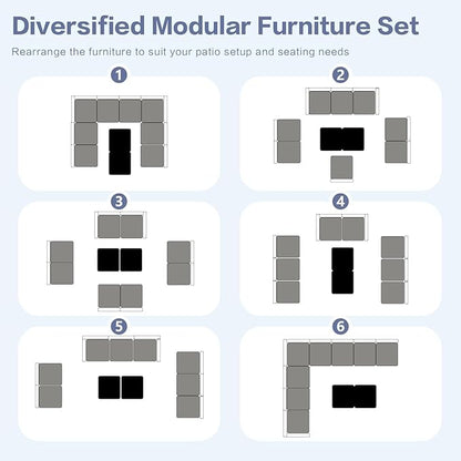 10-Piece Outdoor Sectional Sofa Set, Wicker Patio Furniture with Grey Cushions for Your Villa, Balcony, Porch, Backyard, Grey Rattan