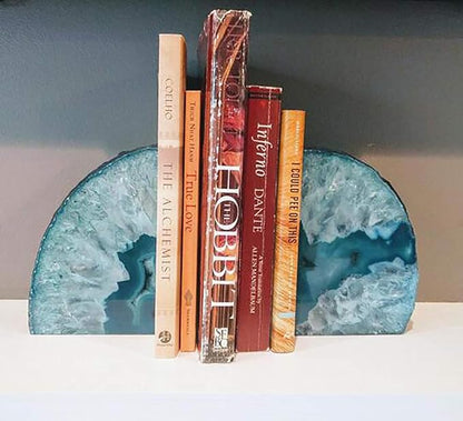 JIC Gem Book Ends Teal Agate Bookends for Shelves Decorative Geode Bookends to Hold Books Heavy Duty Home Decor with Rubber Bumpers(1 Pair, 4-6 LBS)