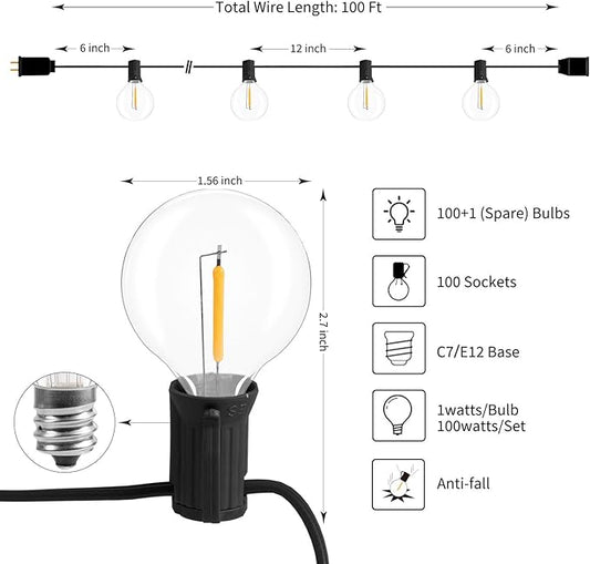 Brightown LED String Lights Outdoor 100Ft Waterproof G40 Patio Lights with 102(2 Spare) Led Shatterproof Bulbs, LED Globe Hanging Light for Porch Bistro Balcony Backyard Decor, E12 Socket, 2200K