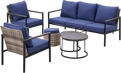 COOS BAY Sand Dune 5 Piece Wicker Patio Furniture Set, Rattan Outdoor Furniture with Nesting Tables, Chairs, Couch, Coffee Tables, and Ottoman, Brown/Blue