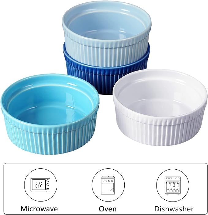 Cinf Ramekins 10 oz Pudding Dishes, Set of 4, Souffle & Creme Brulee Cups, Dipping Sauce, Oven, Microwave, Freezer & Dishwasher Safe
