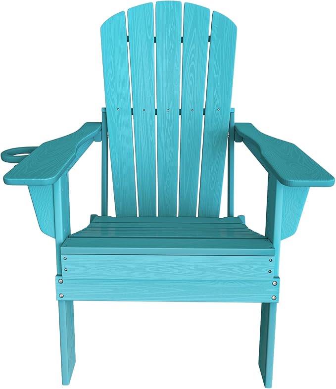 Plawdlik Folding Adirondack Chair, SGS Tested, Wooden Textured with Cup Holder, Heavy All-Weather HDPE Comfortable Set Poolside Backyard Lawn Aruba Blue