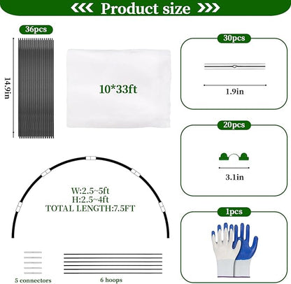 Garden Netting Kit for Raised Beds 10 x 33 FT Strong Mesh Netting 6 Sets of Fiberglass Garden Hoops Inscet Barrier Protection Net for Vegetable Plant Fruit Flowers