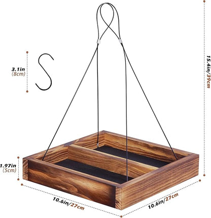 MIXXIDEA Bird Feeder Hanging Tray, Wooden Platform Hummingbird Feeder Mesh Seed Platform for Garden Yard Outside Decoration Attracting Wild Birds (Brown)