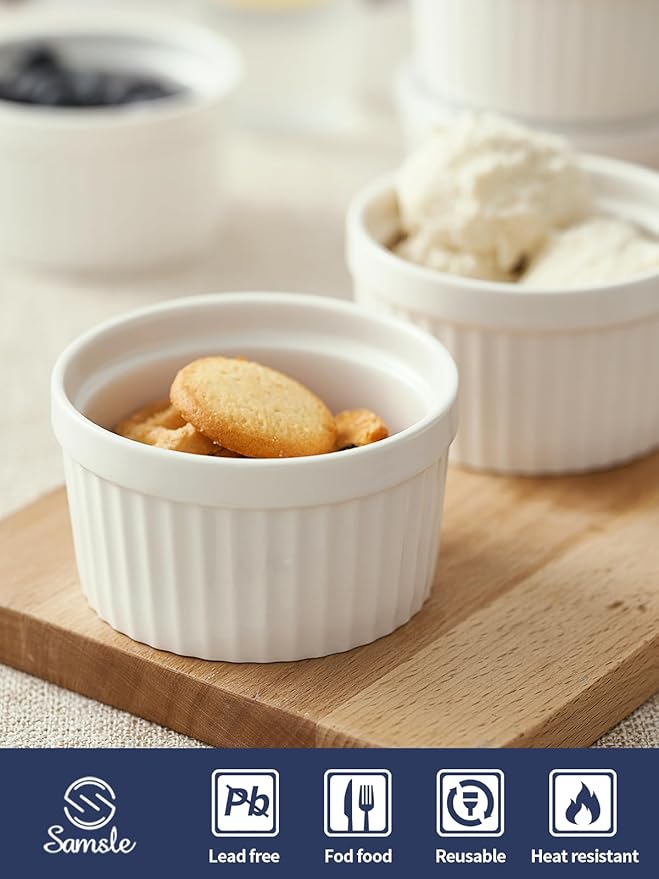 8 oz Ramekins Set of 6, Porcelain Ramekins Oven Safe,Small Souffle Dishes for Creme Brulee, Ice Cream, and Sauces, 4 inch White Mini Baking Bowls