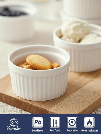8 oz Ramekins Set of 6, Porcelain Ramekins Oven Safe,Small Souffle Dishes for Creme Brulee, Ice Cream, and Sauces, 4 inch White Mini Baking Bowls