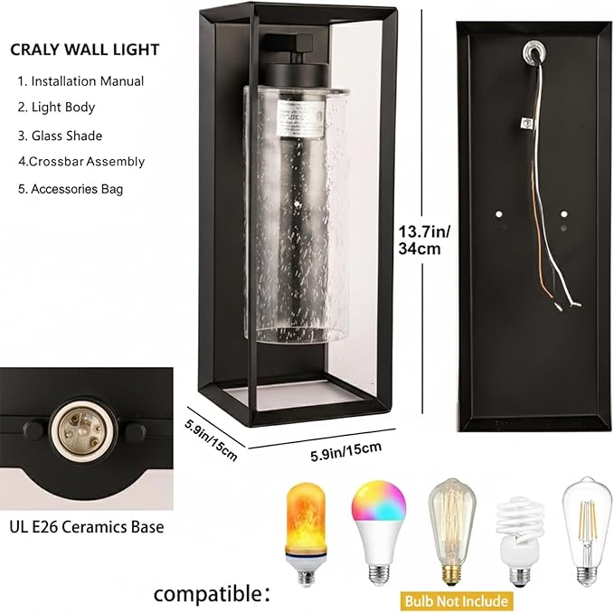 Craly 14" Outdoor Wall Sconce, Exterior Waterproof Wall Light Lantern with Hand-Crafted Clear Seeded Glass Shade, Matte Black, Outside Porch Lights Fixtures for Patio Front Door Entryway 2 Pack