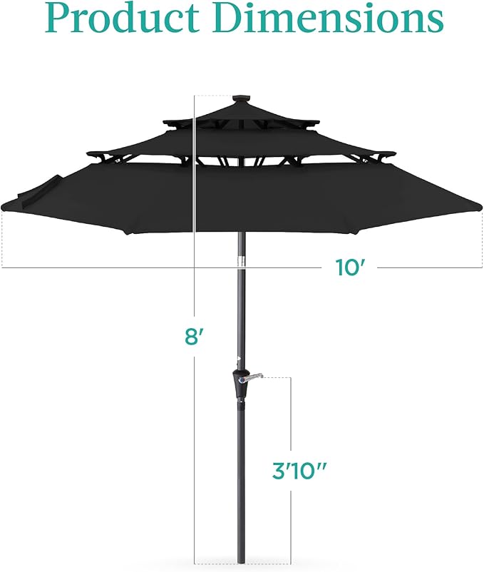 Best Choice Products 10ft 3-Tier Solar Patio Umbrella, Outdoor Market Sun Shade for Backyard, Deck, Poolside w/ 24 LED Lights, Tilt Adjustment, Easy Crank, 8 Ribs - Black