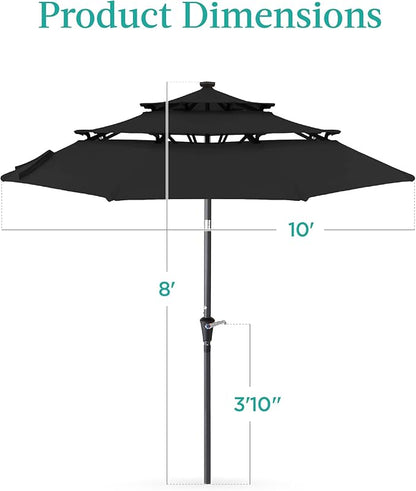 Best Choice Products 10ft 3-Tier Solar Patio Umbrella, Outdoor Market Sun Shade for Backyard, Deck, Poolside w/ 24 LED Lights, Tilt Adjustment, Easy Crank, 8 Ribs - Black