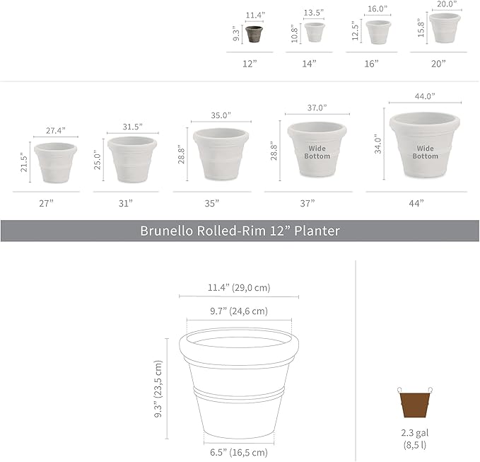 Crescent Garden Brunello Small Classic Rolled Rim Planter Pot, Indoor/Outdoor Weather-Safe Round Plant Pot, Small Resin Houseplant Pot - 12'' W (Rust)