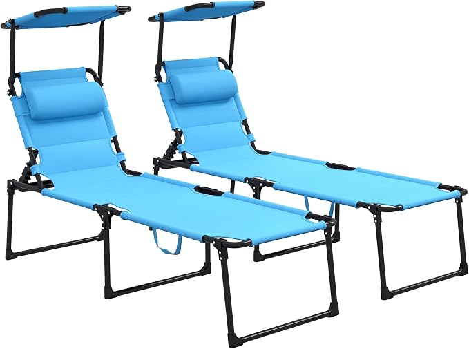 Outsunny 2 Pieces Outdoor Lounge Chair, Adjustable Backrest Folding Chaise Lounge, Cushioned Tanning Chair with Sunshade Roof & Pillow Headrest for Beach, Camping, Hiking, Light Blue