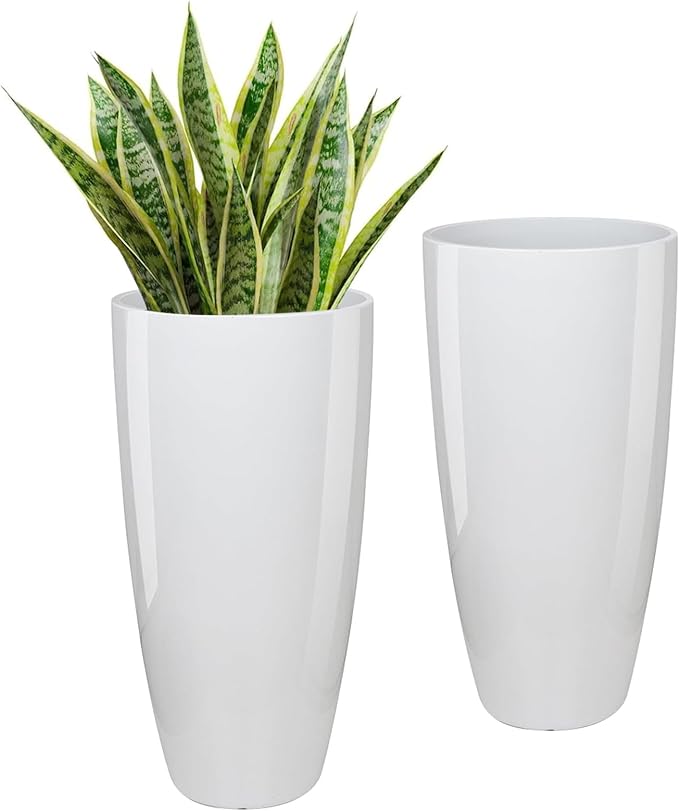 Set of 2 Large 21" Tall Planters for Indoor Outdoor, Heavy-Duty Resin with Drainage Holes & Unique Textured Design, Perfect for Porch, Patio, Backyard Home Decor, White