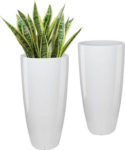 Set of 2 Large 21" Tall Planters for Indoor Outdoor, Heavy-Duty Resin with Drainage Holes & Unique Textured Design, Perfect for Porch, Patio, Backyard Home Decor, White