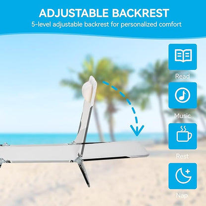 Outdoor Chaise Lounge with Detachable Pillow, Reclining Folding Chair with 5-Position Adjustable Back, Portable Tanning Chair for Beach, Pool, Lawn, Breathable Mesh Seat, No Assembly