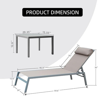 Domi Patio 3 Pieces Aluminum Textilene Chaise Lounge Set with Side Table Outdoor, Adjustable Back and Pillow for Yard Garden Sunbathing for All Seasons Khaki