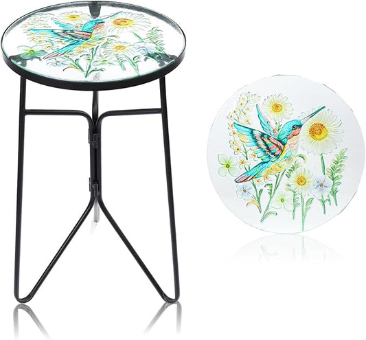 VCUTEKA Patio Side Table Outdoor Accent Table Bistro Coffee Table Plant End Table Small Porch Table Indoor Round Glass Balcony Plant Table Stands Golden Transparent Hummingbird 12 inches