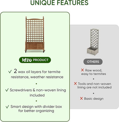 Idzo Raised Garden Bed with Trellis, Durable Oil Coated Planter with Trellis, 50 Inches Height Vertical Gardens Outdoors with Lockable Wheels and Convenient Non Woven Lining