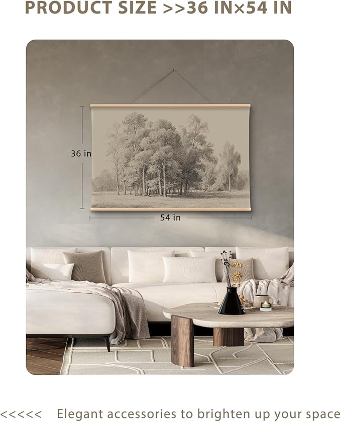 VIYYIEA Extra Large Size Canvas Wall Art, 54x36 Inch Vintage Tree Landscape Sketch, Black and White Nature Wall Decor for Living Room, Bedroom, Above Sofa