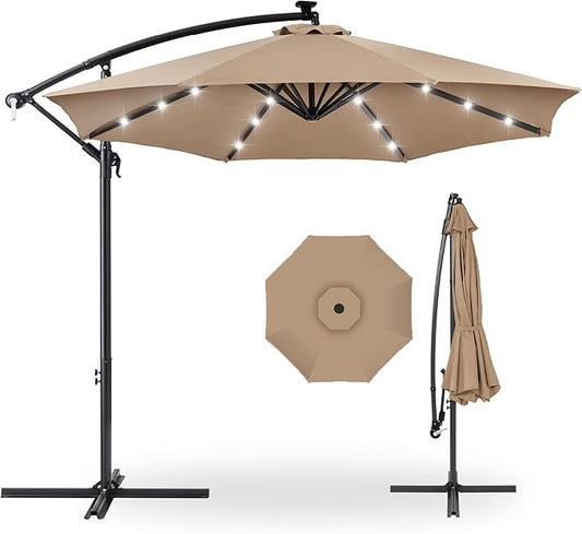 Best Choice Products 10ft Solar LED Offset Hanging Market Patio Umbrella for Backyard, Poolside, Lawn and Garden w/Easy Tilt Adjustment, Polyester Shade, 8 Ribs - Tan