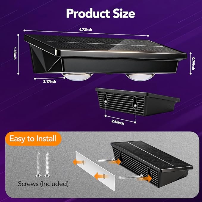 Solar Fence Lights Outdoor,8 Pack Waterproof LED Solar Powered Deck Light with Ultra Bright LED Lens,3000K/4000K/6000K Selectable,12+ Hours Steady Glow for Step,Railing,Backyard,Wall