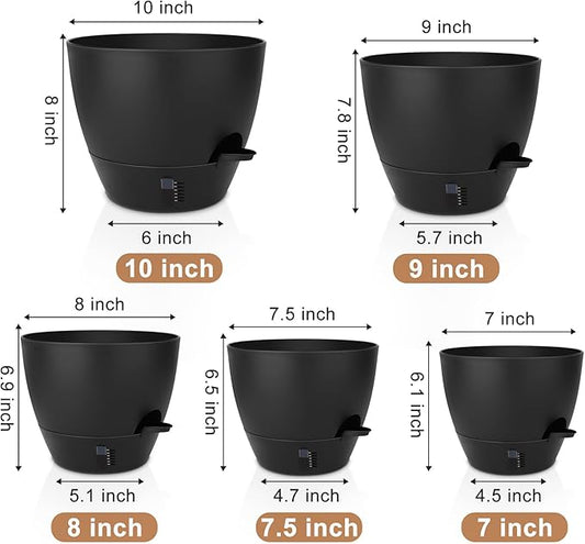 QRRICA Plant Pots 10/9/8/7.5/7 Inch Self Watering Pots, with Drainage Holes and Saucers,Water Level Indicator & Deep Reservoir,Large Plastic Planter for Indoor Out Door Plants (Pure Black)