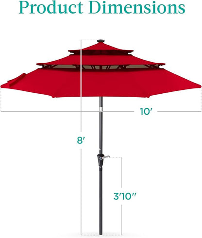 Best Choice Products 10ft 3-Tier Solar Patio Umbrella, Outdoor Market Sun Shade for Backyard, Deck, Poolside w/ 24 LED Lights, Tilt Adjustment, Easy Crank, 8 Ribs - Red